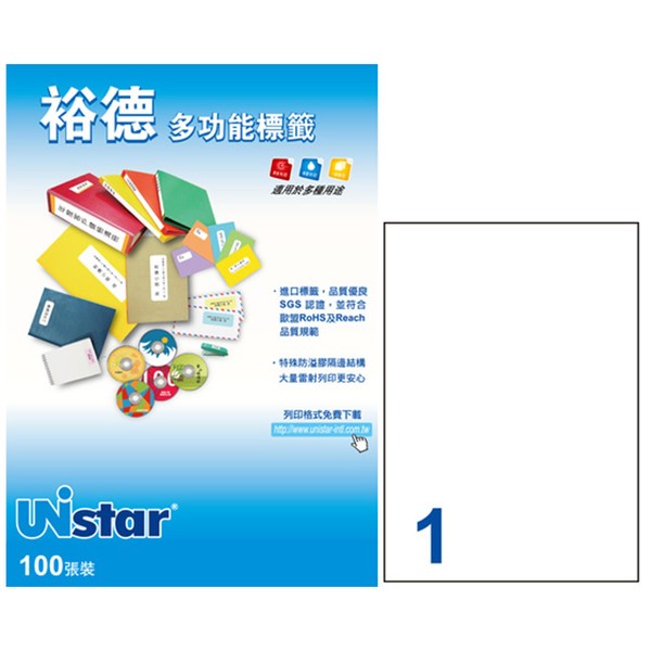 裕德 Unistar A4 三用列印電腦標籤 / #53 / US4428 / 1格 / 210x297mm / 20入電腦標籤 / 電腦列印標籤 / 列印電腦標籤 / A4標籤 / A4整張電腦標籤 / 整張標籤 / 1格標籤 / 1格電腦標籤 / 1格 標籤 / 1格 電腦標籤 / 裕德A4三用電腦標籤 / A4 三用電腦標籤 / 裕德 三用電腦標籤 / 裕德 電腦標籤 / 裕德 A4電腦標籤 / 裕德三用電腦標籤 / 裕德電腦標籤 / 裕德A4電腦標籤 / Unistar三用電腦標籤 / Unistar電腦標籤 / Unistar A4電腦標籤 / 標籤貼紙 / 影印用自黏標籤紙 / A4自黏標籤 / 裕德多功能標籤 標籤貼紙 影印標籤 印刷標籤紙 /裕德-三合一電腦標籤 US4428 1格 /  Unistar 裕德3合1電腦標籤 US4428 標籤貼.索引片 / 裕德Unistar三用列印電腦標籤US4428/白色/1格/100張/盒