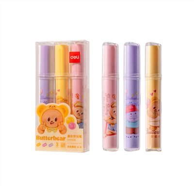 得力 Deli / Butter bear 黃油小熊 3色柔彩螢光筆組 / HY008