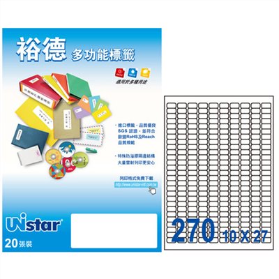 裕德 Unistar A4 三用列印電腦標籤 / #22 / US4343 / 270格 / 17.78x10mm / 20入電腦標籤 / 電腦列印標籤 / 列印電腦標籤  / 270格標籤 / 270格電腦標籤 / 270格 標籤 / 270格 電腦標籤 / 裕德A4三用電腦標籤 / A4 三用電腦標籤 / 裕德 三用電腦標籤 / 裕德 電腦標籤 / 裕德 A4電腦標籤 / 裕德三用電腦標籤 / 裕德電腦標籤 / 裕德A4電腦標籤 / Unistar三用電腦標籤 / Unistar電腦標籤 / Unistar A4電腦標籤 / 標籤貼紙 / 影印用自黏標籤紙 / A4自黏標籤 / 裕德多功能標籤 標籤貼紙 影印標籤 印刷標籤紙 / 裕德 U4343 電腦列印標籤270格17.78X10mm-20張入 / 包 /  Unistar 裕德3合1電腦標籤 US4343 標籤貼.索引片 / 裕德Unistar三用列印電腦標籤US4343-20/白色/270格/17.78x10mm/20張