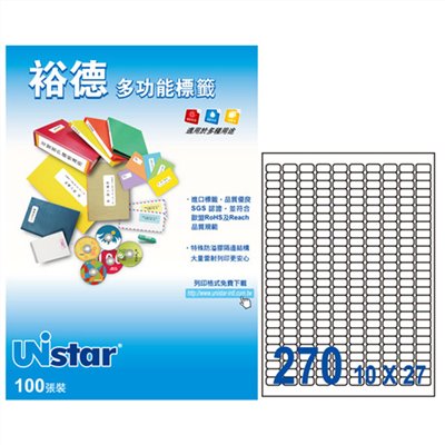 裕德 Unistar A4 三用列印電腦標籤 / #22 / US4343 / 270格 / 17.78x10mm / 20入電腦標籤 / 電腦列印標籤 / 列印電腦標籤  / 270格標籤 / 270格電腦標籤 / 270格 標籤 / 270格 電腦標籤 / 裕德A4三用電腦標籤 / A4 三用電腦標籤 / 裕德 三用電腦標籤 / 裕德 電腦標籤 / 裕德 A4電腦標籤 / 裕德三用電腦標籤 / 裕德電腦標籤 / 裕德A4電腦標籤 / Unistar三用電腦標籤 / Unistar電腦標籤 / Unistar A4電腦標籤 / 標籤貼紙 / 影印用自黏標籤紙 / A4自黏標籤 / 裕德多功能標籤 標籤貼紙 影印標籤 印刷標籤紙 / 裕德 U4343 電腦列印標籤270格17.78X10mm-20張入 / 包 /  Unistar 裕德3合1電腦標籤 US4343 標籤貼.索引片 / 裕德Unistar三用列印電腦標籤US4343-20/白色/270格/17.78x10mm/20張